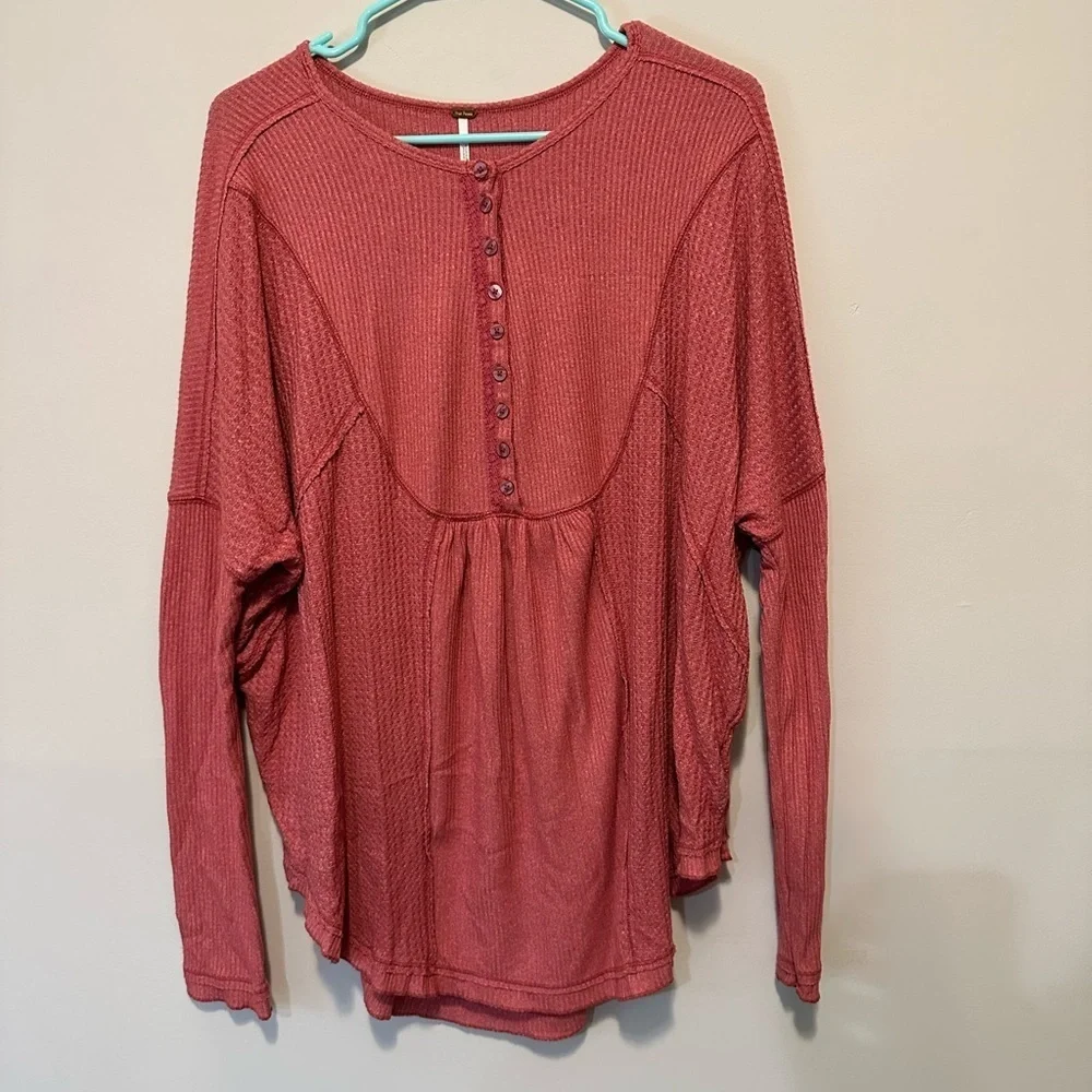 Free People Leo Henley Thermal Top | Oversized Waffle Knit Long Sleeve Size M